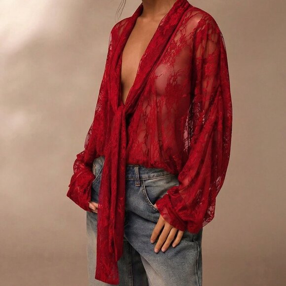 Red Sexy Women's Patterned Sheer Kimono Blouse - Picture 3 of 6